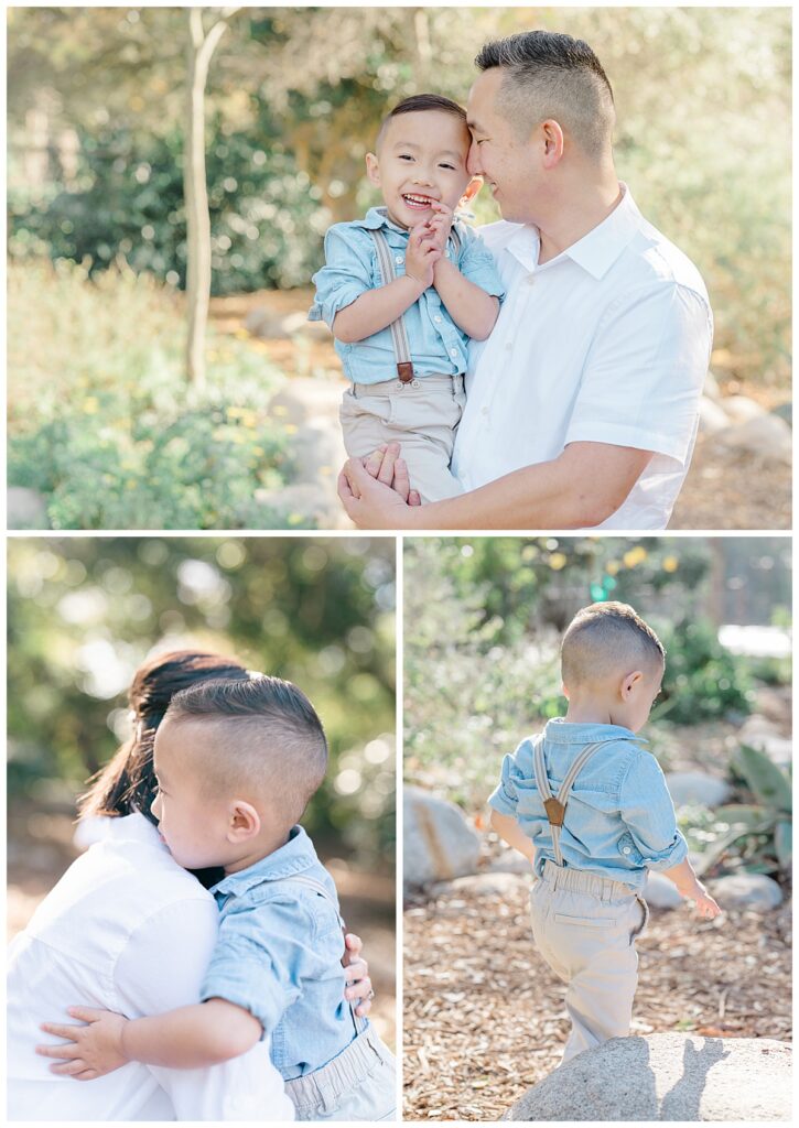 family photoshoot with toddler boy wearing suspenders in autumn